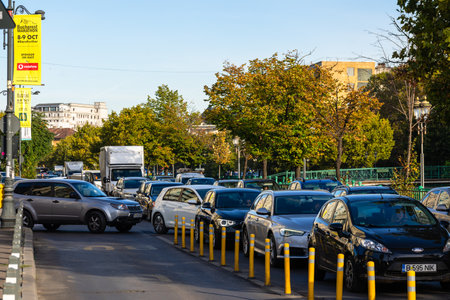 Car traffic at rush hour, car pollution, traffic jam in Bucharest, Romania, 2022のeditorial素材