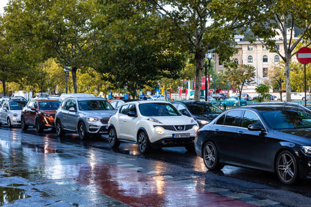 Car traffic at rush hour, car pollution, traffic jam in Bucharest, Romania, 2022のeditorial素材