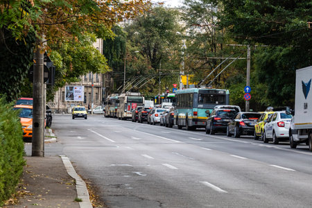 Car traffic at rush hour, car pollution, traffic jam in Bucharest, Romania, 2022のeditorial素材