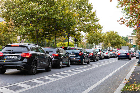 Car traffic at rush hour, car pollution, traffic jam in Bucharest, Romania, 2022のeditorial素材