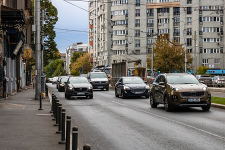 Car traffic at rush hour, car pollution, traffic jam in Bucharest, Romania, 2022のeditorial素材
