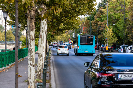 Car traffic at rush hour, car pollution, traffic jam in Bucharest, Romania, 2022のeditorial素材