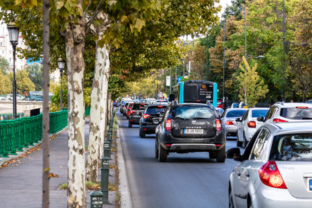 Car traffic at rush hour, car pollution, traffic jam in Bucharest, Romania, 2022のeditorial素材