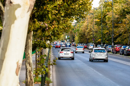 Car traffic at rush hour, car pollution, traffic jam in Bucharest, Romania, 2022のeditorial素材