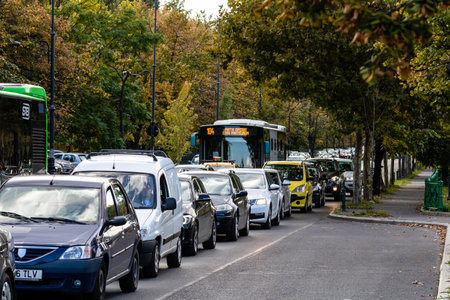 Car traffic at rush hour, car pollution, traffic jam in Bucharest, Romania, 2022のeditorial素材