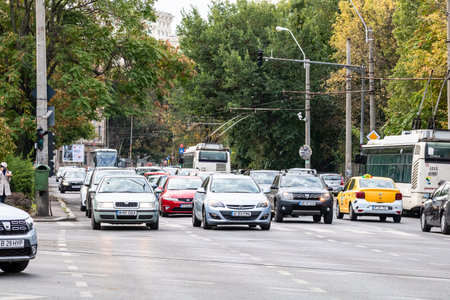 Car traffic at rush hour, car pollution, traffic jam in Bucharest, Romania, 2022のeditorial素材