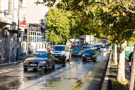 Car traffic at rush hour, car pollution, traffic jam in Bucharest, Romania, 2022のeditorial素材