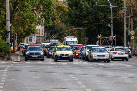 Car traffic at rush hour, car pollution, traffic jam in Bucharest, Romania, 2022のeditorial素材