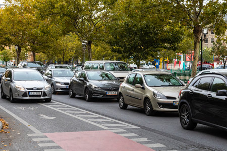 Car traffic at rush hour, car pollution, traffic jam in Bucharest, Romania, 2022のeditorial素材
