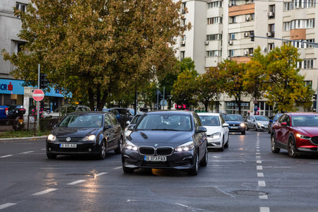 Car traffic at rush hour, car pollution, traffic jam in Bucharest, Romania, 2022のeditorial素材