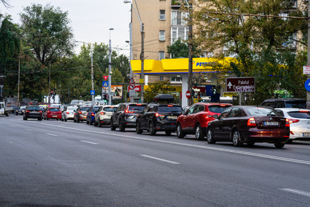 Car traffic at rush hour, car pollution, traffic jam in Bucharest, Romania, 2022のeditorial素材