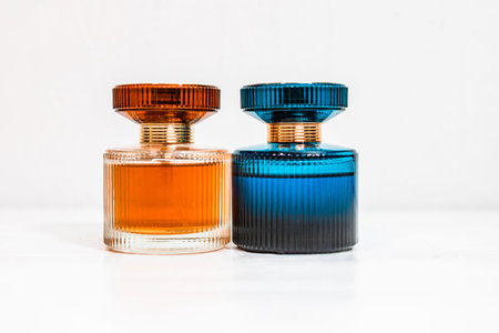 Elegant perfume bottles isolated on white background with copy space.の写真素材