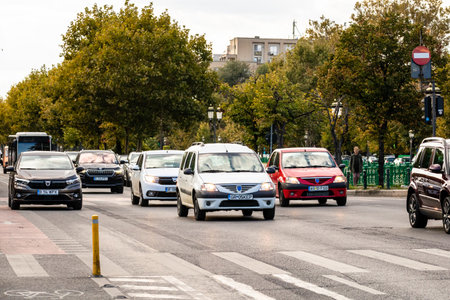 Car traffic at rush hour, car pollution, traffic jam in Bucharest, Romania, 2022のeditorial素材