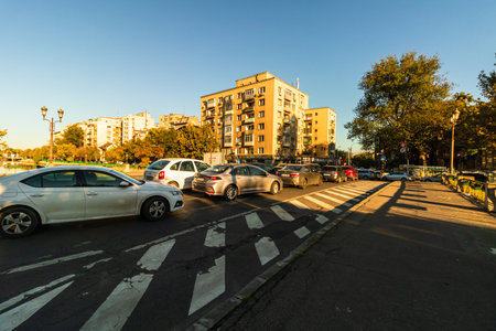 Car traffic at rush hour, car pollution, traffic jam in Bucharest, Romania, 2022のeditorial素材
