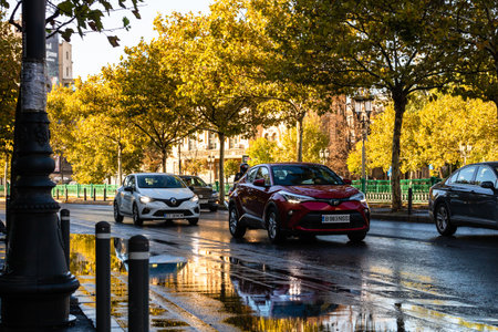 Car traffic at rush hour, car pollution, traffic jam in Bucharest, Romania, 2022のeditorial素材