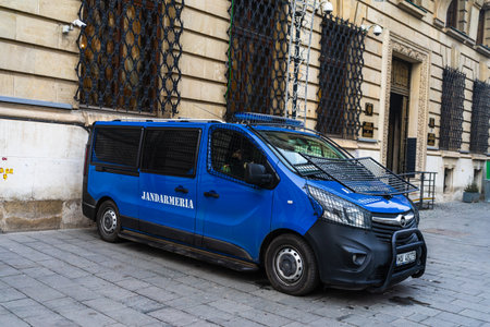 Gendarmerie (Jandarmeria) unit cars, military police, Romanian special forces. Concept of protection and security, cars parked in Bucharest, Romania, 2020のeditorial素材