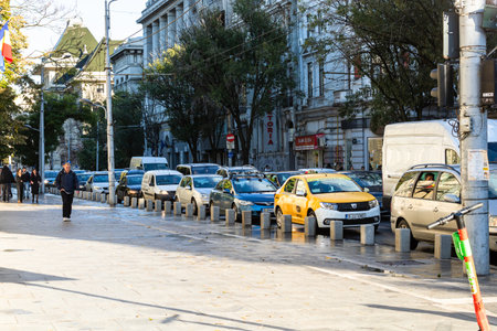 Car traffic at rush hour, car pollution, traffic jam in Bucharest, Romania, 2022のeditorial素材