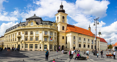 People and tourists  wandering on the streets of old town Sibiu, Romania, 2022のeditorial素材