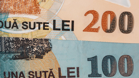 Romanian LEI Currency Banknote. RON Money European Currencyの写真素材