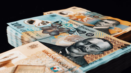 Romanian LEI Currency Banknote. RON Money European Currencyの写真素材