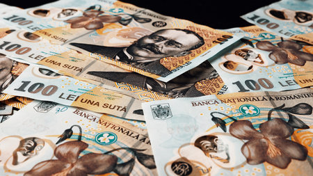 Romanian LEI Currency Banknote. RON Money European Currencyの写真素材