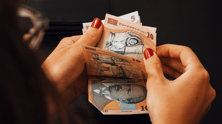 Romanian LEI Currency Banknote. RON Money European Currencyの写真素材