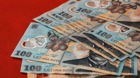 Romanian LEI Currency Banknote. RON Money European Currencyの写真素材