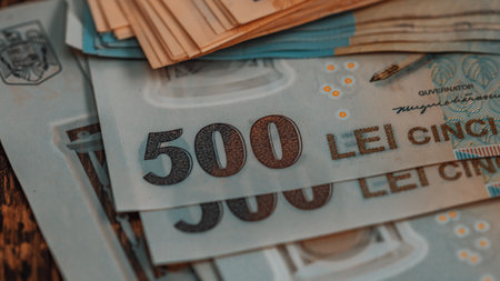 Romanian LEI Currency Banknote. RON Money European Currencyの写真素材