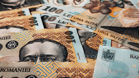 Romanian LEI Currency Banknote. RON Money European Currencyの写真素材