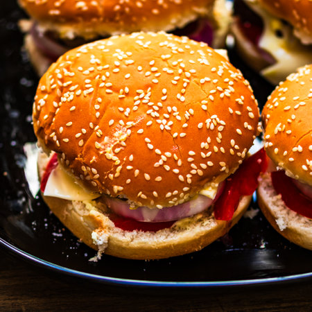 Tasty home made cheeseburger. Cheese burger with pickles, tomatoes, onion, melting cheeseの写真素材