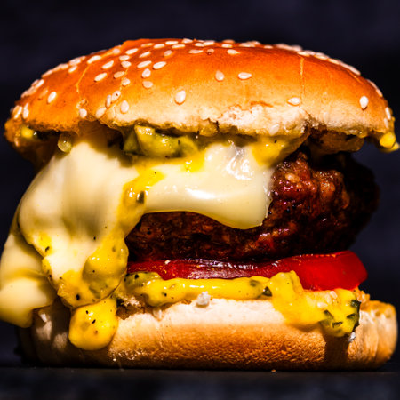Tasty home made cheeseburger. Cheese burger with pickles, tomatoes, onion, melting cheeseの写真素材