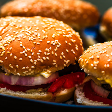 Tasty home made cheeseburger. Cheese burger with pickles, tomatoes, onion, melting cheeseの写真素材