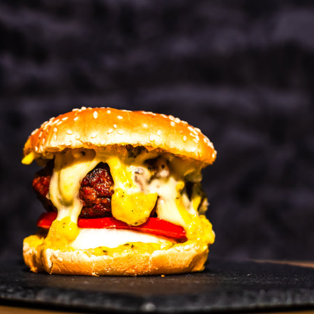 Tasty home made cheeseburger. Cheese burger with pickles, tomatoes, onion, melting cheeseの写真素材