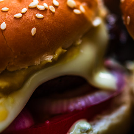 Tasty home made cheeseburger. Cheese burger with pickles, tomatoes, onion, melting cheeseの写真素材