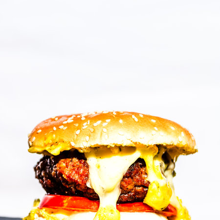 Tasty home made cheeseburger. Cheese burger with pickles, tomatoes, onion, melting cheeseの写真素材