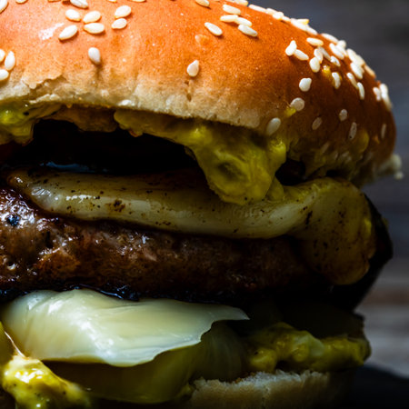 Tasty home made cheeseburger. Cheese burger with pickles, tomatoes, onion, melting cheeseの写真素材