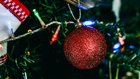 Christmas decorations. Colorful Christmas lights backgroundの写真素材