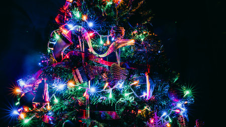 Christmas decorations. Colorful Christmas lights backgroundの写真素材