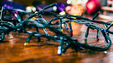 Christmas decorations. Colorful Christmas lights backgroundの写真素材