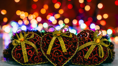 Christmas decorations. Colorful Christmas lights backgroundの写真素材
