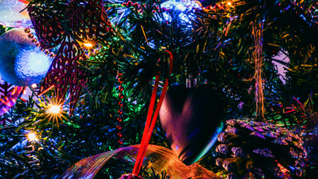 Christmas decorations. Colorful Christmas lights backgroundの写真素材