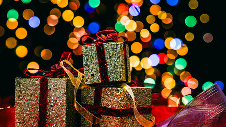 Christmas decorations. Colorful Christmas lights backgroundの写真素材
