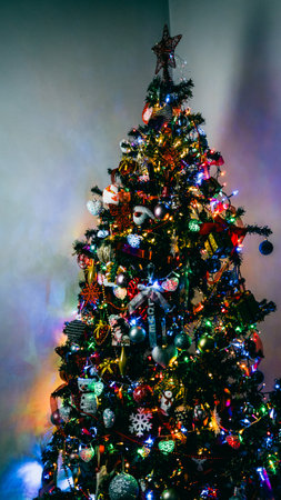Christmas decorations. Colorful Christmas lights backgroundの写真素材