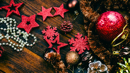 Christmas decorations. Colorful Christmas lights backgroundの写真素材