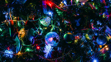 Christmas decorations. Colorful Christmas lights backgroundの写真素材