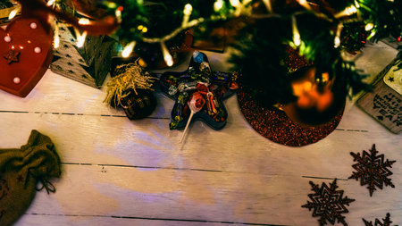 Christmas decorations. Colorful Christmas lights backgroundの写真素材