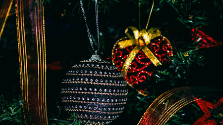 Christmas decorations. Colorful Christmas lights backgroundの写真素材