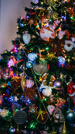 Christmas decorations. Colorful Christmas lights backgroundの写真素材