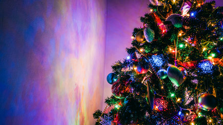 Christmas decorations. Colorful Christmas lights backgroundの写真素材