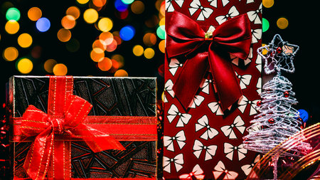 Christmas decorations. Colorful Christmas lights backgroundの写真素材